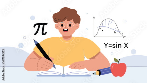 Brainy Boy's Calculations: An illustration captures the scene of a focused young boy immersed in mathematical calculations with an apple, pencil, and notes.