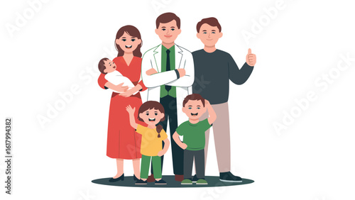 Family Doctor's Care: A heartwarming scene depicts a family posing with their caring doctor, highlighting the themes of health and well-being.