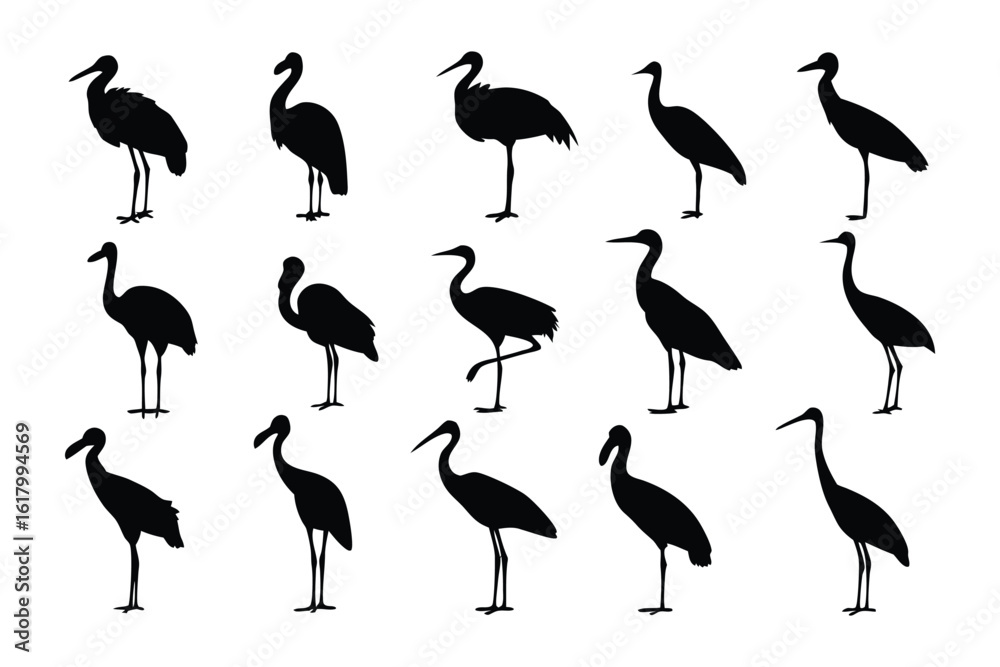 Fototapeta premium Elegant Heron Silhouettes: A collection of graceful heron silhouettes, showcasing their distinctive form and elegance against an unassuming backdrop.