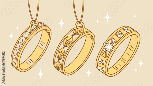 Three golden wedding rings with geometric and diamond designs are hanging on strings, sparkling against a soft beige background, symbolizing love and commitment
