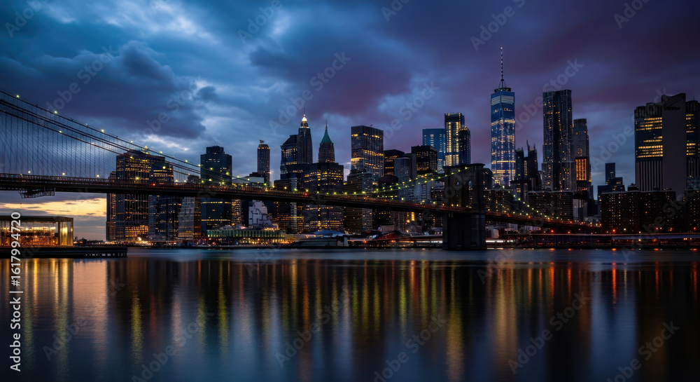 Obraz premium Dramatic new york city skyline under moody evening clouds with water reflections