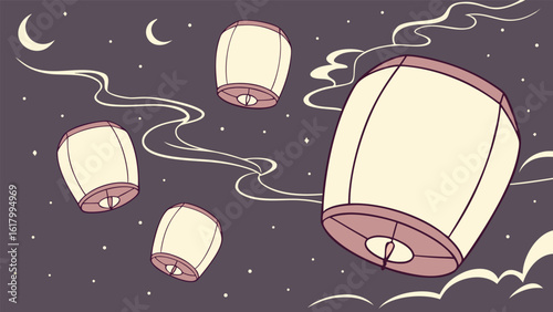 Illustration of four sky lanterns floating in the night sky with stars and crescent moons and clouds