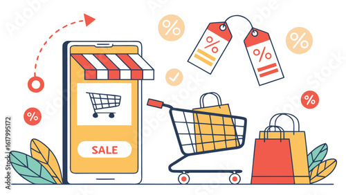 Online Shopping Sale: Mobile App Interface with Shopping Cart, Discount Tags, and Sale Bags; Cheerful, Modern Line Art Style;  Illustrative Vector Graphic for E-commerce Marketing.