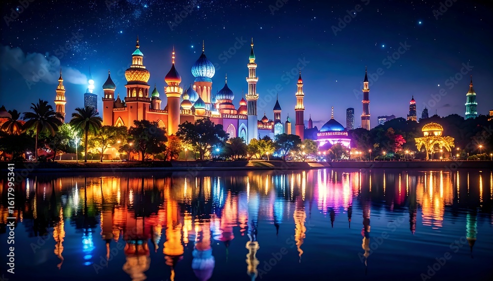 Obraz premium Colorful Illuminated Mosques Reflecting on a Night Lake