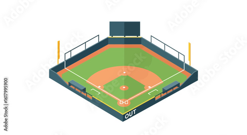Isometric Baseball Field with Outfield and Grandstands