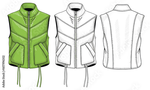 Vector set of utility vest—front and back views with zipper, flap pockets, belt detail, and drawstring hem