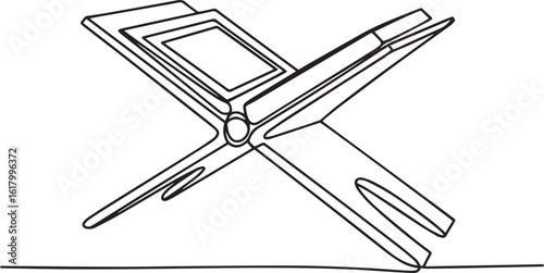 Continuous one line drawing of an open Quran resting on a traditional Rehal stand, symbolizing Islamic faith and spiritual knowledge

