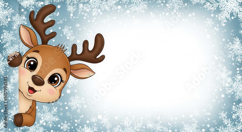 Cute cartoon reindeer peeking from a snowy frame with copy space