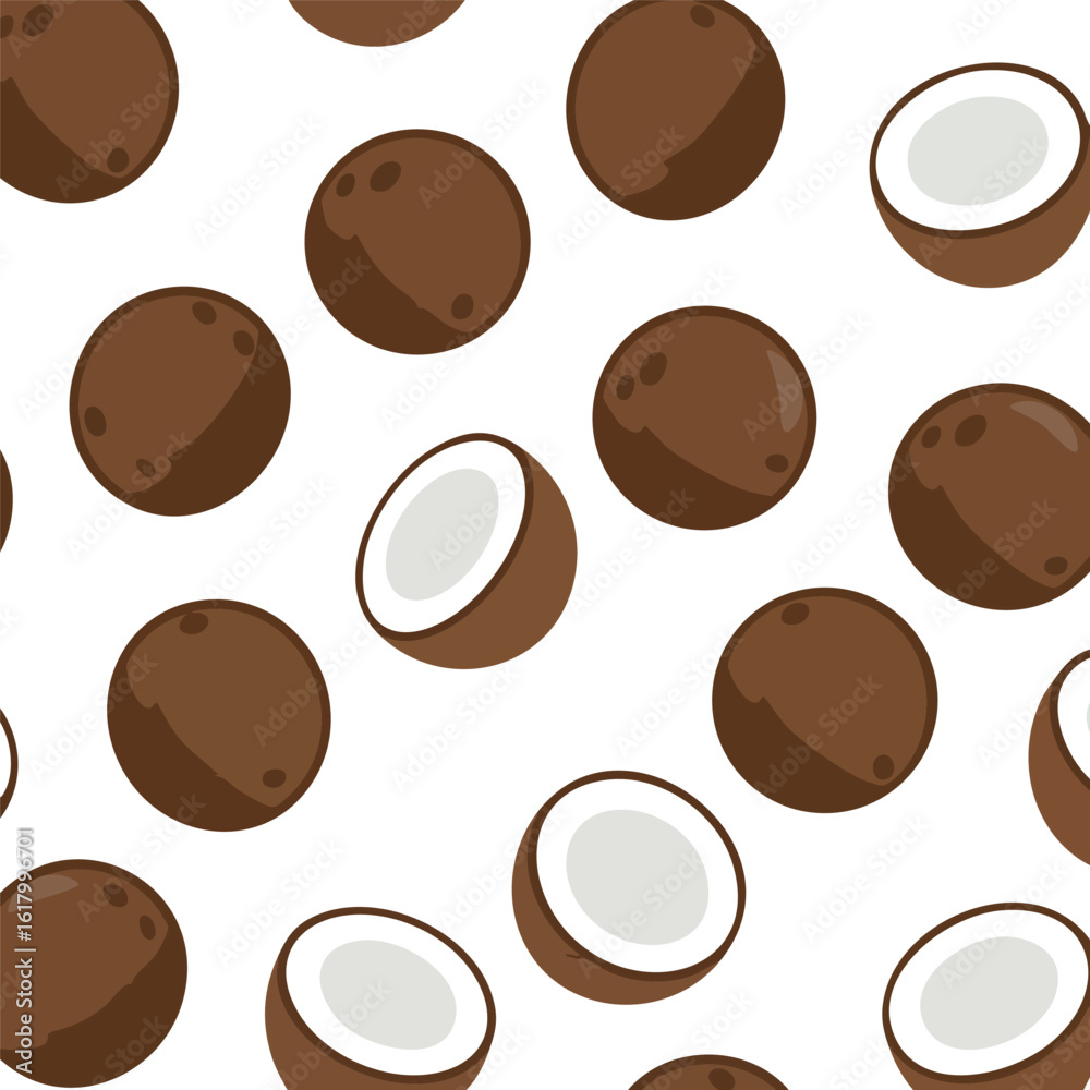 Obraz premium Tropical seamless pattern with whole and halved coconuts food background