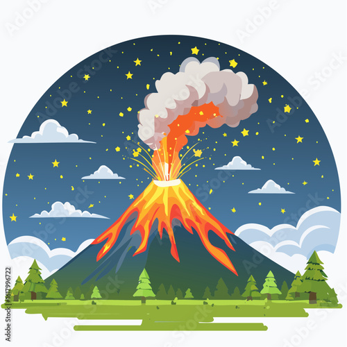 Vector scene of Merapi’s eruption at night, glowing lava lighting up the dark sky, stars barely visible behind the ash plume