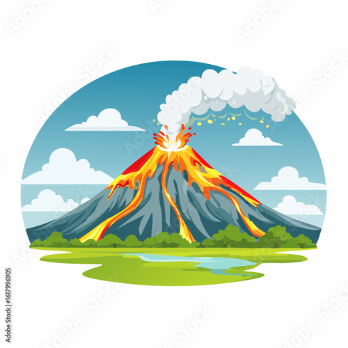 Vector scene of Merapi’s eruption at night, glowing lava lighting up the dark sky, stars barely visible behind the ash plume
