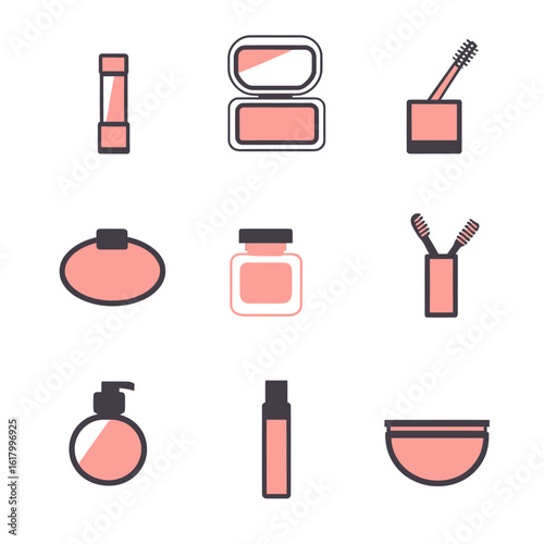 Flat minimalist vector icons set of makeup cosmetics including lipstick compact mascara powder foundation and perfume bottle