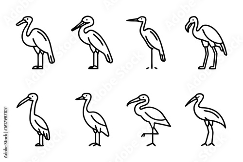 Heron Sketches: A collection of stylized heron illustrations, each depicting the graceful bird in various poses, embodying elegance and simplicity.