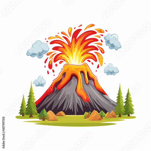 Vector illustration of an erupting volcano with lava flowing down the sides and smoke rising, full-color dramatic style