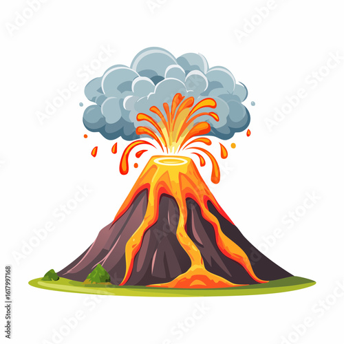 Vector illustration of an erupting volcano with lava flowing down the sides and smoke rising, full-color dramatic style