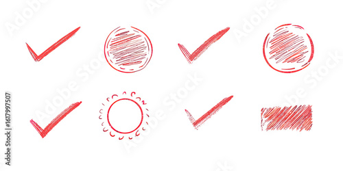 Red hand drawn check marks, circles, underline and rectangle sketch doodles with marker stroke emphasis for highlighting and marking concepts in vector style
