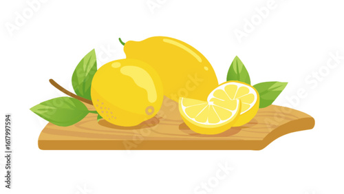 A group of lemons and lemon slices are arranged on a wooden cutting board, isolated on white background, highlighting their freshness and natural appeal