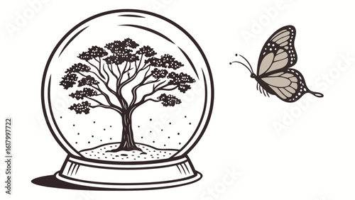 A snowglobe with a tree inside and a butterfly flying nearby is depicted in a black and white illustration