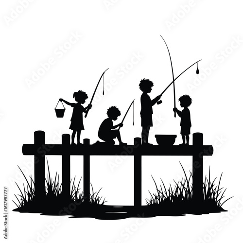 Children fishing on a wooden pier with grass vector