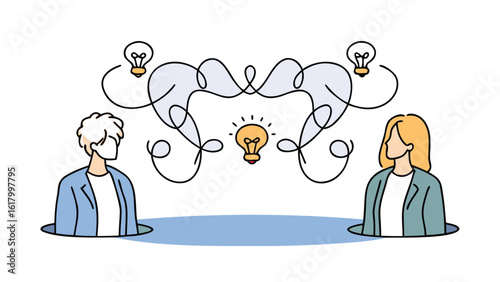 Two people with lightbulbs sharing ideas and innovation in a collaborative brainstorming session concept