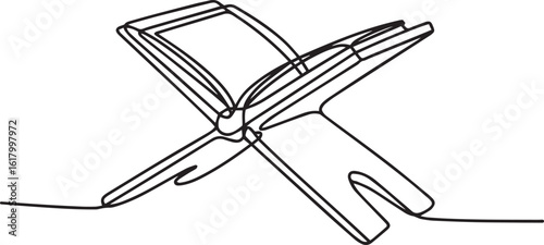 Continuous one line drawing of an open Quran resting on a traditional Rehal stand, symbolizing Islamic faith and spiritual knowledge

