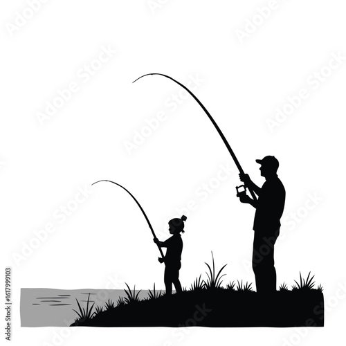 Father and child fishing by the water rods