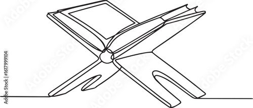 Continuous one line drawing of an open Quran resting on a traditional Rehal stand, symbolizing Islamic faith and spiritual knowledge

