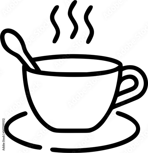 Hot coffee cup with spoon in icon outline , daily concept.