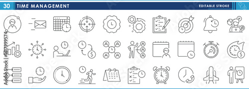 A set of line icons related to Time Management. Routine, calendar, time, stopwatch, rocket, notification, deadline, rush, and so on. Vector editable stroke.