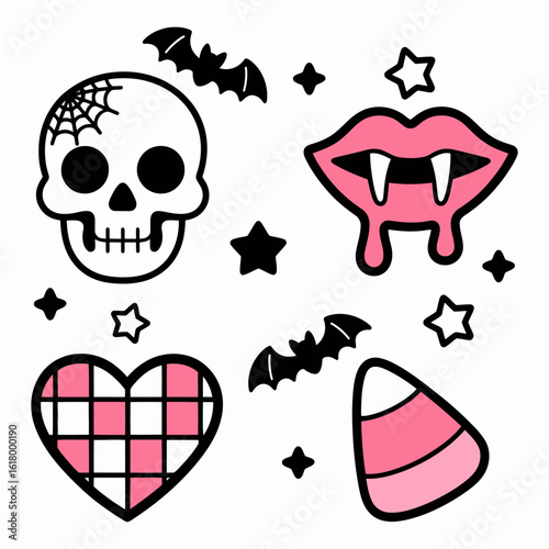 Cute Halloween Pink Set with Skull ,Lip, Heart and Candy Icons