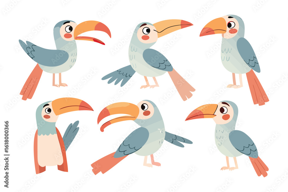Fototapeta premium Playful Toucan Illustration: A whimsical illustration of toucans, each displaying unique poses, set against a simple backdrop, bringing a sense of tropical joy and vibrancy.