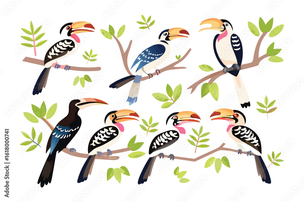 Naklejka premium Toucans on the Branch: A vibrantly illustrated depiction of toucans perched on branches, bringing forth the colorful vibrancy and biodiversity of a tropical setting.