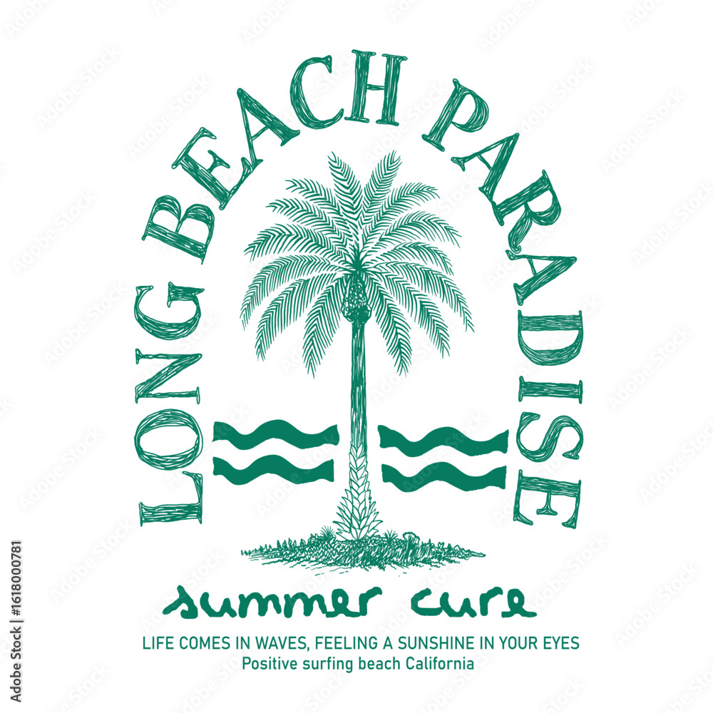 Long Beach Paradise slogan with hand drawn palm tree drawing . tropical illustration. vintage line tree artwork. summer t shirt print design. handwriting typograpy text graphics.