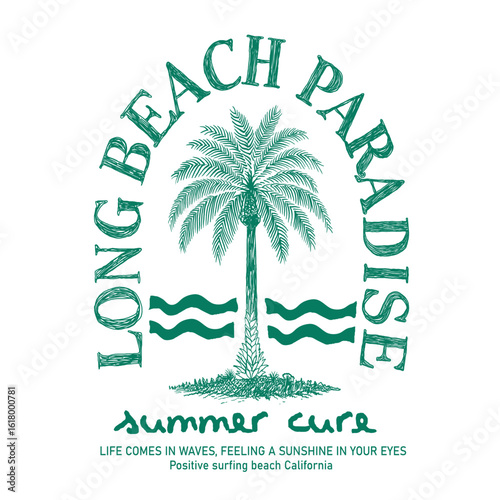 Long Beach Paradise slogan with hand drawn palm tree drawing . tropical illustration. vintage line tree artwork. summer t shirt print design. handwriting typograpy text graphics.