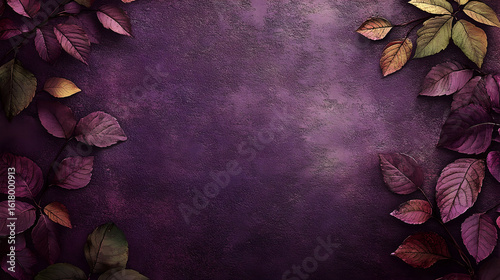 Autumn leaves frame purple textured background fall design