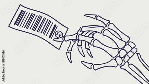 Skeleton hand holding a barcode with number fifty two in a circle on a white background drawing