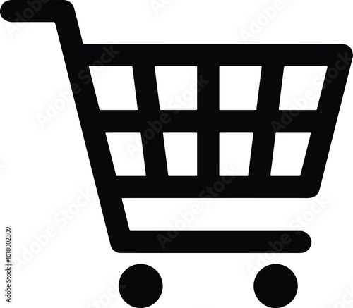 Shopping cart vector icon—black silhouette for e-commerce website interface, retail checkout design, consumer buying concept visuals