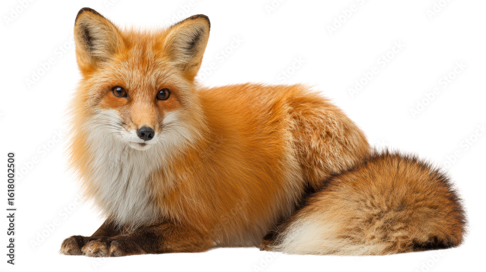 Obraz premium A beautiful red fox lying gracefully on a white isolated background, showcasing its stunning fur and expressive eyes.