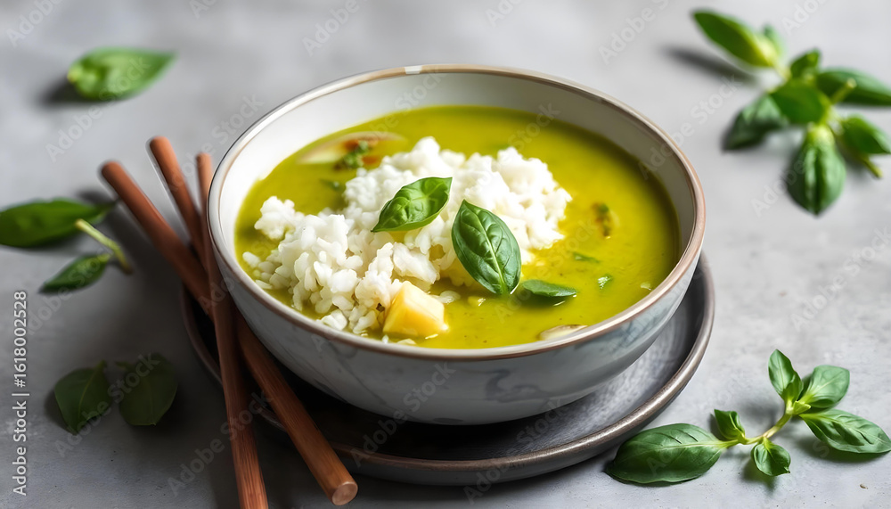 Green soup with rice and basil leaves food healthy Green soup with rice and basil leaves food healthy