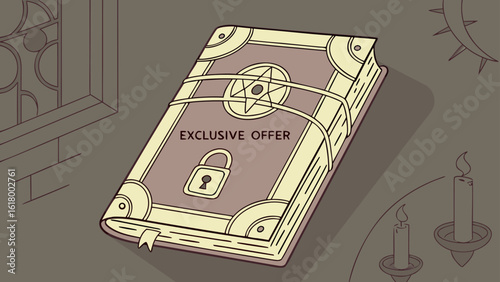 Illustration of a magical book with exclusive offer text and lock symbol in a mystical setting scene