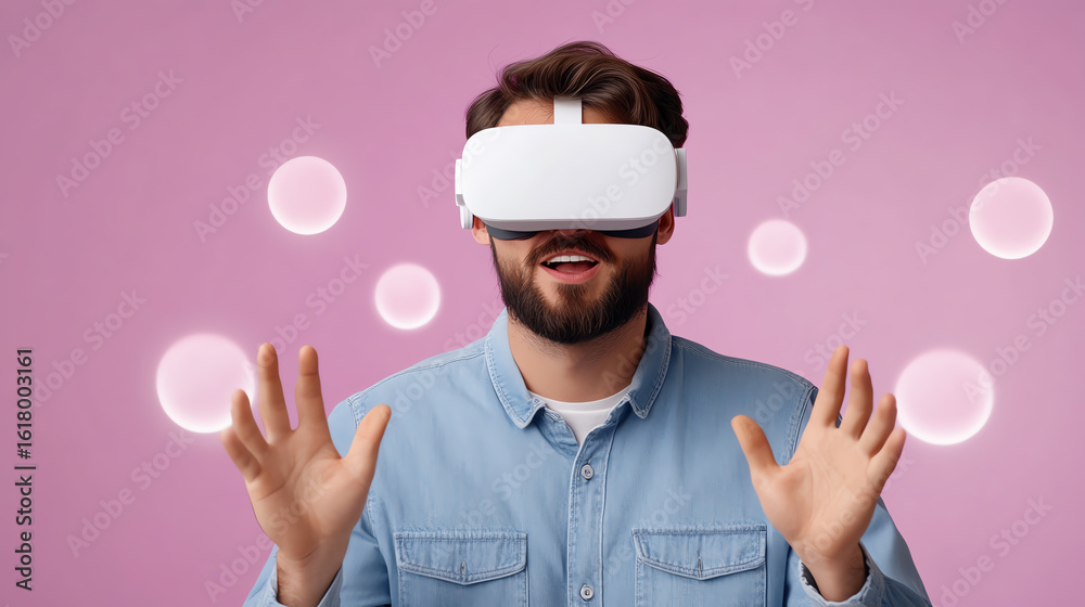 Naklejka premium A man experiences virtual reality, wearing a VR headset and interacting with an immersive digital environment.