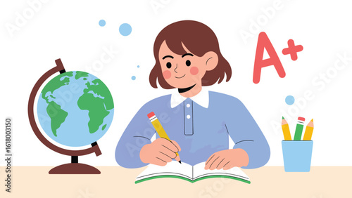 Girl Scoring A+ in Study: A determined young girl sits at her desk, focused on her studies, an A+ gleaming proudly above her.