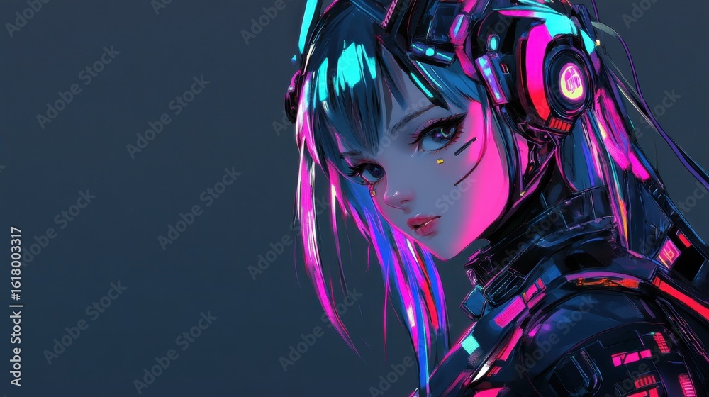 Fototapeta premium Futuristic anime girl with vibrant colors and cybernetic features.