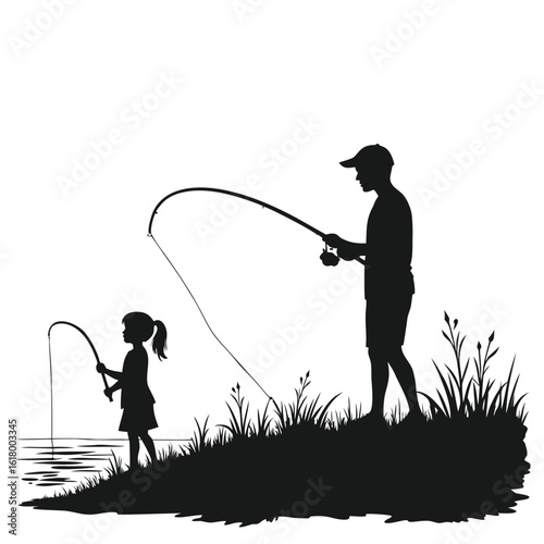 Father and daughter fishing by the water rods