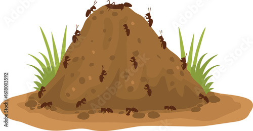 Ant hill vector—soil mound with crawling ants and grass for nature illustrations, ecology education, and insect-themed design