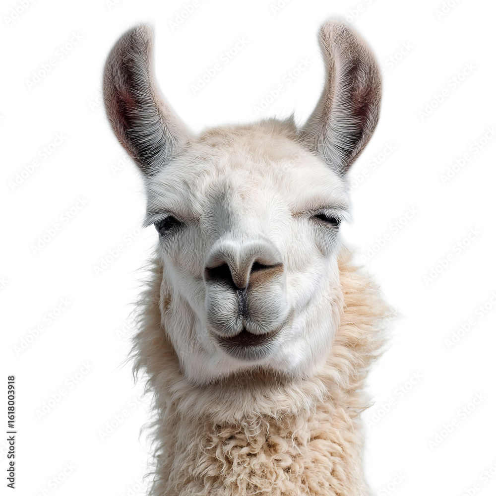 Obraz premium A cheerful white llama with fluffy fur and a friendly expression, standing against a plain background.