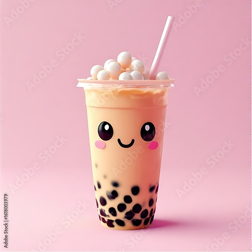 Cute cartoon boba tea with tapioca pearls and milk foam