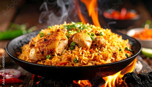 Exquisite chicken biryani in a wok with vibrant spices and garnishes on fire grill