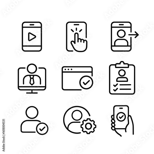 User registration and tutorial icons. Outline symbols. Line design