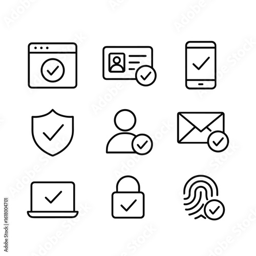 Digital verification and authentication icons. Outline symbols. Line design